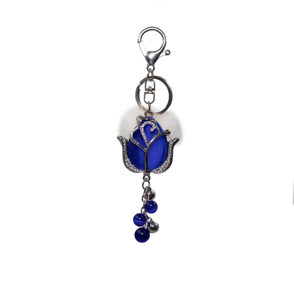 5271 Bling Rose with Mink Fur Pom Keychain Cute Unique Flower Keychains